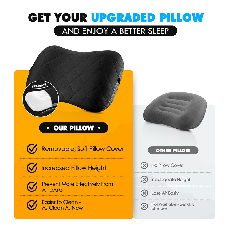 [Australia - AusPower] - Hikenture Camping Pillow with Removable Cover - Ultralight Inflatable Pillow for Neck Lumbar Support - Upgrade Backpacking Pillow - Washable Travel Air Pillows for Camping, Hiking, Backpacking Black 
