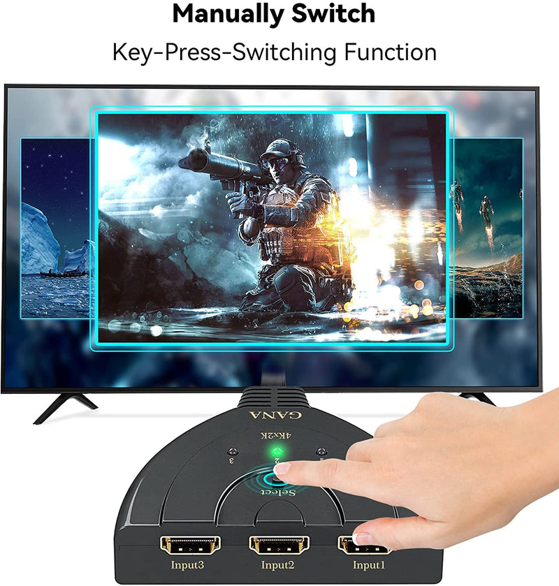 [Australia - AusPower] - HDMI Switch, GANA 4K HDMI Splitter 3 in 1 Out, 3-Port HDMI Switcher Selector with Pigtail HDMI Cable,Supports Full HD 4K 1080P 3D Player, HDMI Hub Compatible with Fire Stick,HDTV,PS4 Game Consoles,PC 