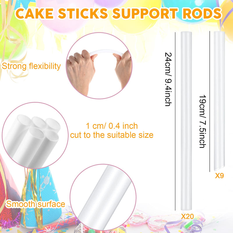 [Australia - AusPower] - 32 Pieces Plastic Cake Dowel Rods Set 20 Pieces 9.4 Inch Plastic Cake Sticks Support Rod 3 Pieces Cake Separator Plates 9 Pieces Plastic Cake Stacking Dowels for Tiered Cakes Clear 