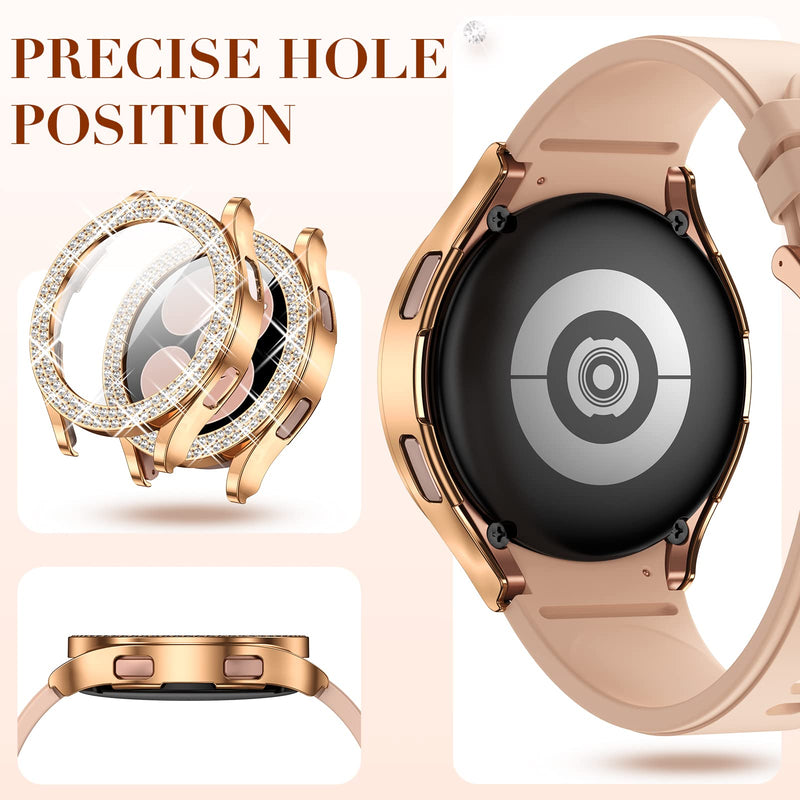 [Australia - AusPower] - [ 2+2 Pack ] Goton for Samsung Galaxy Watch 4 Screen Protector and case 40mm, Bling PC Diamonds Cover Bumper with Tempered Glass Film for Women Girl Rosegold+Rosegold/Screen protector x 2 for galaxy watch 4 40mm 