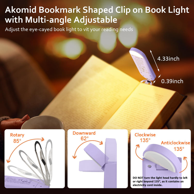 [Australia - AusPower] - Akomid Book Light, USB Rechargeable Reading Light, Eye-Cared Amber Light Mode Book Light for Reading in Bed Kids, 8 LEDs Bookmark Portable Book Light Clip on, Stepless Dimming, Purple 