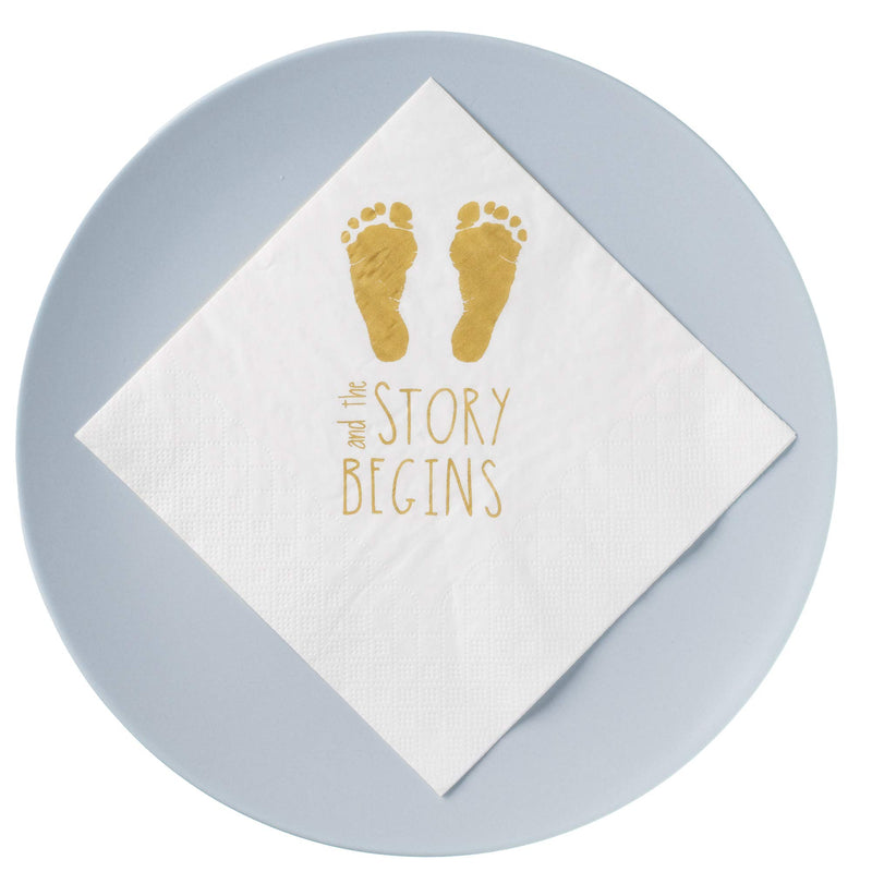 [Australia - AusPower] - Baby Shower Napkins -"And The Story Begins" 100 Gender Reveal Gold Napkins - Large 6.5 x 6.5 Inch 
