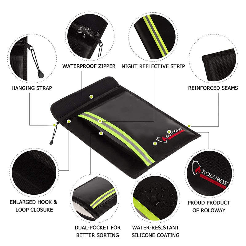 [Australia - AusPower] - ROLOWAY Fireproof Document Bag (15 x 11 inch) with 2 Pockets & Waterproof Zipper, Fireproof Money Bag, Fire Safe Bag with Reflective Strip, Fireproof Envelope for Cash, Legal Documents Safe (Black) Black 