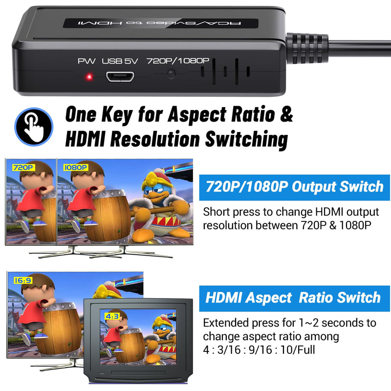 [Australia - AusPower] - RCA Svideo to HDMI Converter, Support 4 : 3/16 : 9 Aspect Ratio Switch, 720P/1080P HDMI Output Switch, S-video AV RCA to HDMI converter for VHS/DVD/Wii/PS1/PS2/N64/NGC to Display on HDMI Screen 