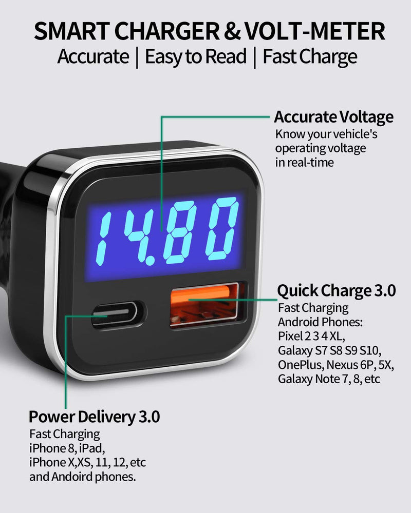 [Australia - AusPower] - USB C Car Charger Adapter with Voltage Meter Battery Monitor, 30W Cigarette Lighter Type C Fast Charge Power Delivery & Quick Charge 3.0 with LED Display Compatible With iPhone 12, Galaxy S10, Pixel 4 
