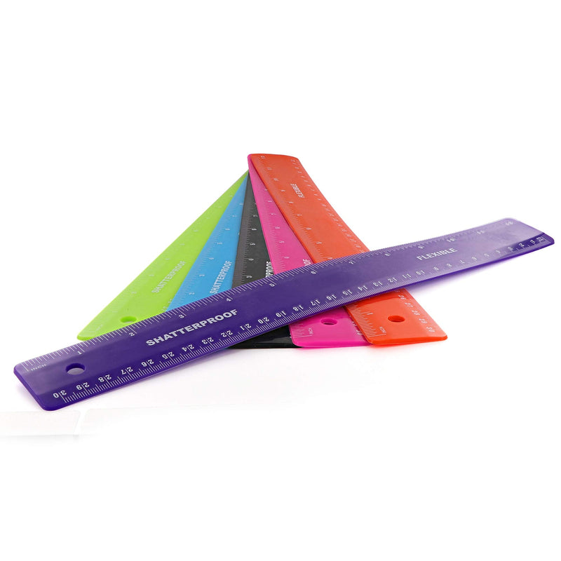 [Australia - AusPower] - Emraw 12 inches (30 cm) Shatterproof Flexible Rulers Designed in Black, Blue, Green, Pink, Purple, and Orange - Great for School, Home, & Office – (6 Pack) 