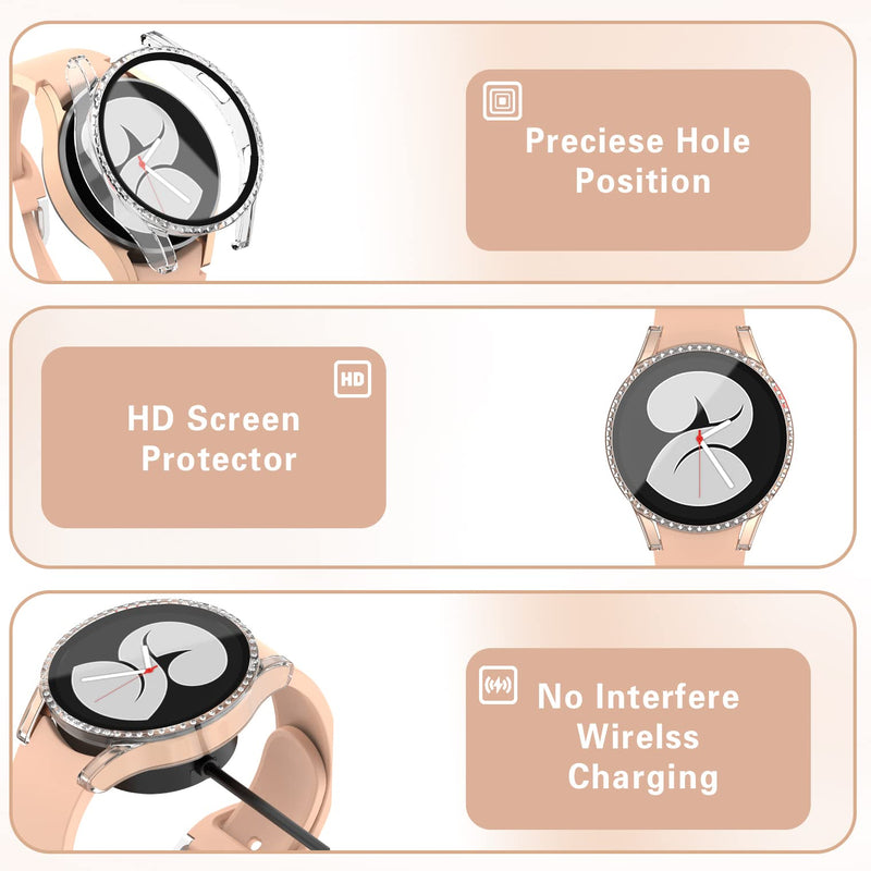 [Australia - AusPower] - HQzon for Samsung Galaxy Watch 4 40mm,Case With Tempered Glass Screen Protector Accessories Bling Glitter Diamond,Hard PC Bumper Protective Cover Shild Film-Women Girls(2 Packs:clear) 40mm:2 clear case with rhinestones 