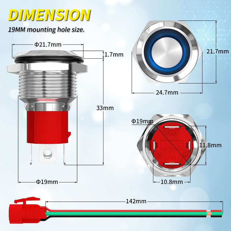 [Australia - AusPower] - Joinfworld Latching Push Button Switch 12V 20A Heavy Duty DC 12 Volt Waterproof Round Switch 19MM Metal Blue LED Ring Illuminated ON/Off Weatherproof with Wire for Marine Boat Car Truck 