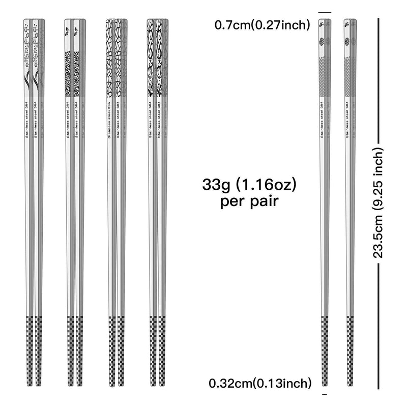 [Australia - AusPower] - Metal Chopsticks Reusable 18/8 Stainless Steel Chopsticks Multipack Dishwasher Safe Chop Sticks Cute Laser Engraved Non-slip Japanese Korean Chopstick for Cooking Eating 9 1/4 Inches 5 Pairs Gift Set Silver 