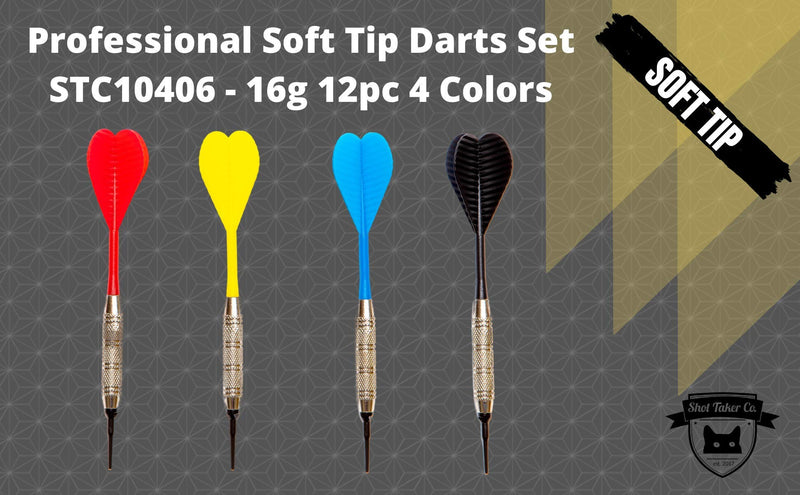 [Australia - AusPower] - SHOT TAKER CO. EST. 2017 Soft Tip Darts Set |12 pc Bar Darts | 50 Extra Black 2BA Tips | 3 of Each Color| Fun Darts for 4 Players on Electronic/Plastic Dartboard STC10406-16g-Nickel Silver Barrel 