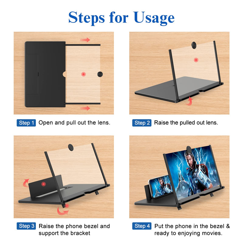 [Australia - AusPower] - 16" Screen Magnifier -3D HD Mobile Phone Magnifying Projector Screen Enlarger for Movies, Videos and Gaming – Foldable Phone Stand Holder with Screen Amplifier–Compatible with All Smartphones Black-16 inch 