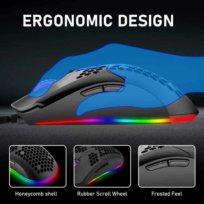 [Australia - AusPower] - Lightweight Gaming Mouse,26 Kinds RGB Backlit Mice,PixArt 3325 12000 DPI Mouse,Ultralight Honeycomb Shell Ultraweave Cable Mouse and Anti-Key Can Be Set for PC Gamers and Xbox and PS4 Users(Black) Black RGB 