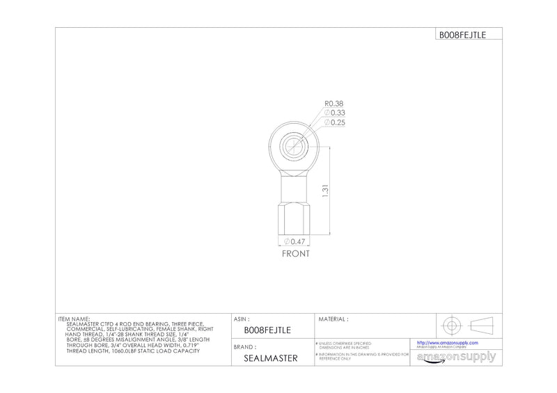 [Australia - AusPower] - Sealmaster CTFD 4 Rod End Bearing, Three Piece, Commercial, Self-Lubricating, Female Shank, Right Hand Thread, 1/4"-28 Shank Thread Size, 1/4" Bore, ±8 degrees Misalignment Angle, 3/8" Length Through Bore, 3/4" Overall Head Width, 0.719" Thread Length,... 