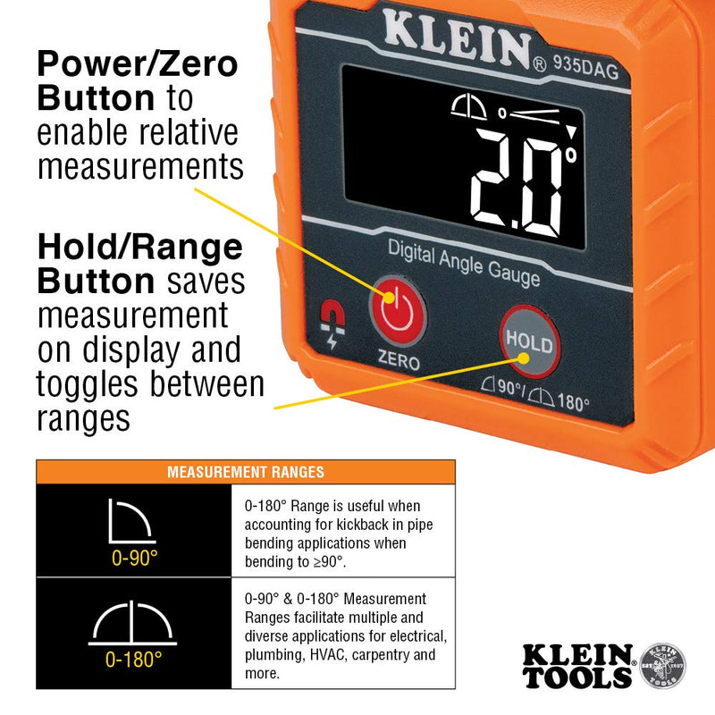 [Australia - AusPower] - Klein Tools 935DAG Digital Electronic Level and Angle Gauge, Measures 0 - 90 and 0 - 180 Degree Ranges, Measures and Sets Angles 