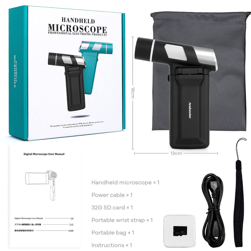 [Australia - AusPower] - Andonstar AD203 Handheld Digital Microscope, FHD Portable Microscope 4 Inch Rotatable Monitor, USB Pocket Microscope for Adults Kids, Coin Inspection Microscope, Loupe Magnifier, PC View, 32GB(Black) BLACK 