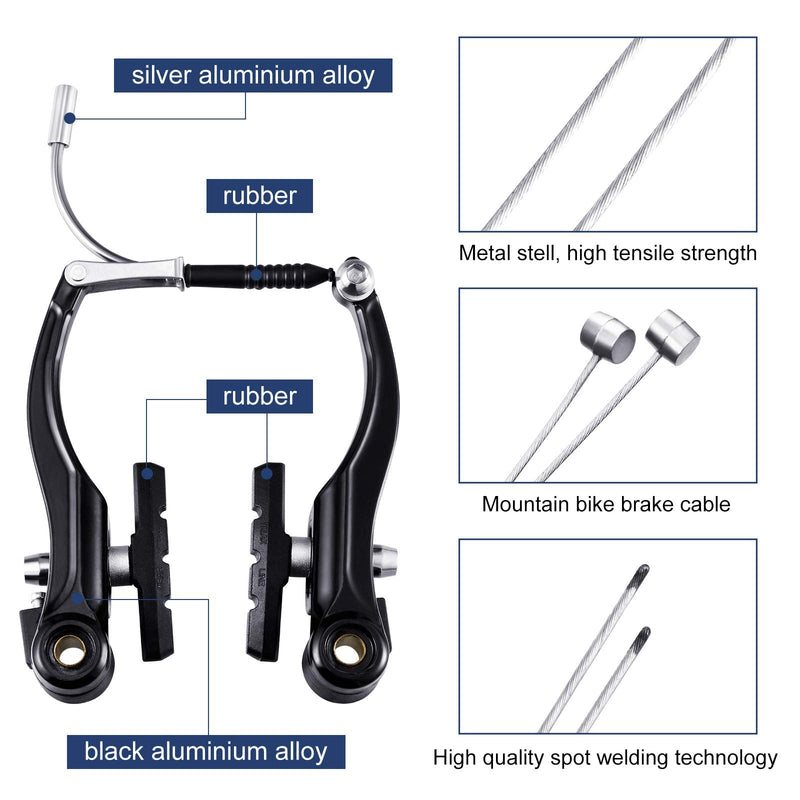 [Australia - AusPower] - Riakrum 2 Sets Bike Brakes Include 2 Pairs V-Type Brakes with 2 Pieces Braking Cables and 4 Pieces Cable End Caps for Mountain Bikes 