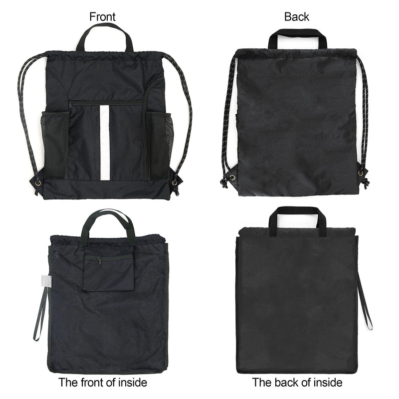 [Australia - AusPower] - Drawstring Backpack Sports Gym Bag With Shoe Compartment and Two Water Bottle Holder Black 16" x 19.5" 