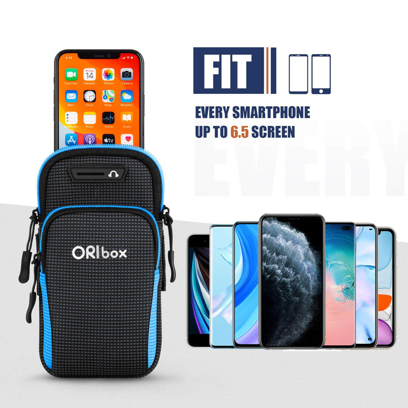 [Australia - AusPower] - ORIbox Running Armband with Double-layer large-capacity pocket for iPhone 12/11 Pro Max 12 mini XS Max XR X 8 7 6S Plus SE 2020, Galaxy up to 7", Water Resistant Sports Phone Holder Case (Blue) Grace-Blue 