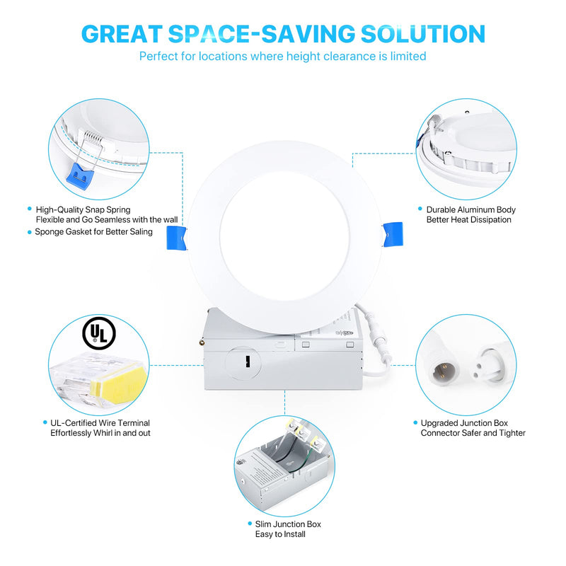[Australia - AusPower] - Ensenior 1 Pack 4 Inch Ultra-Thin LED Recessed Ceiling Light with Junction Box, 2700K Soft White, 9W 75W Eqv, Dimmable Can-Killer Downlight, 750LM High Brightness - ETL and Energy Star Certified 2700k - Soft White 