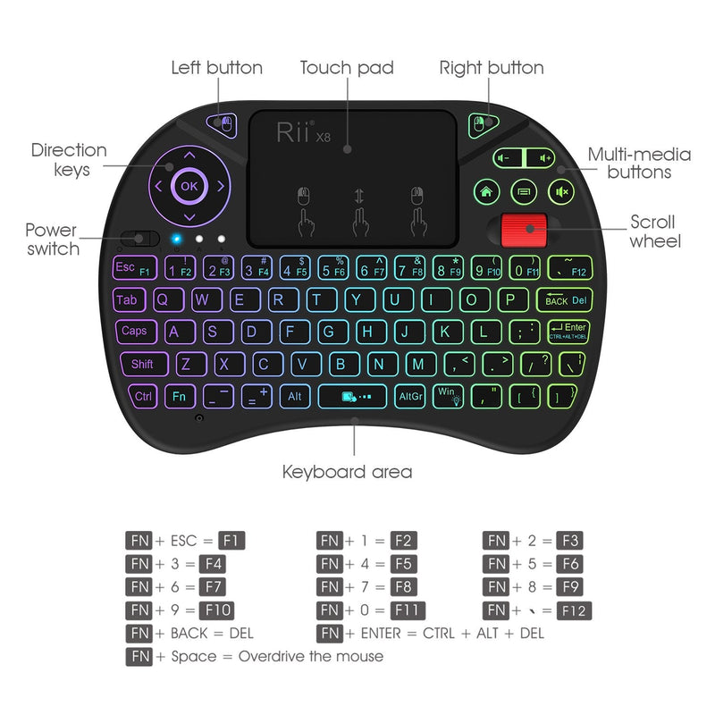 [Australia - AusPower] - Mini Keyboard,Rii X8 Portable 2.4GHz Mini Wireless Keyboard Controller with Touchpad Mouse Combo,8 Colors RGB Backlit,Rechargeable Li-ion Battery for Google Android TV Box, PS3, PC, Pad,Nvidia Shield 