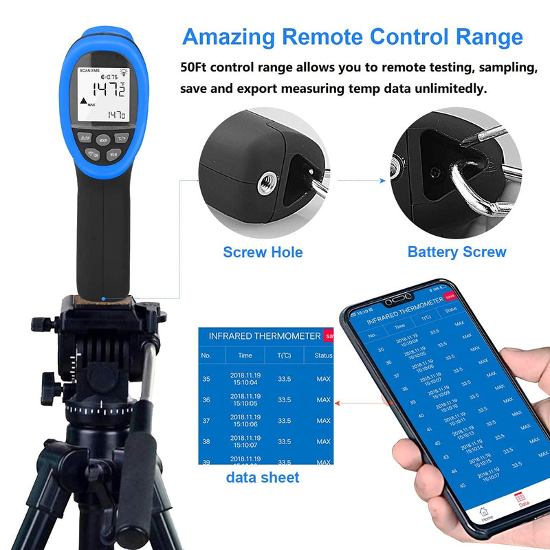 [Australia - AusPower] - BTMETER BT-985CAPP Non Contact Infrared Thermometer 12:1 Laser Temperature Measure Gun -58℉~1472℉(-50℃～800℃) with Bluetooth APP(NOT for Human Temp Test) BT-985CAPP Blue (-58℉ to 1472℉) 