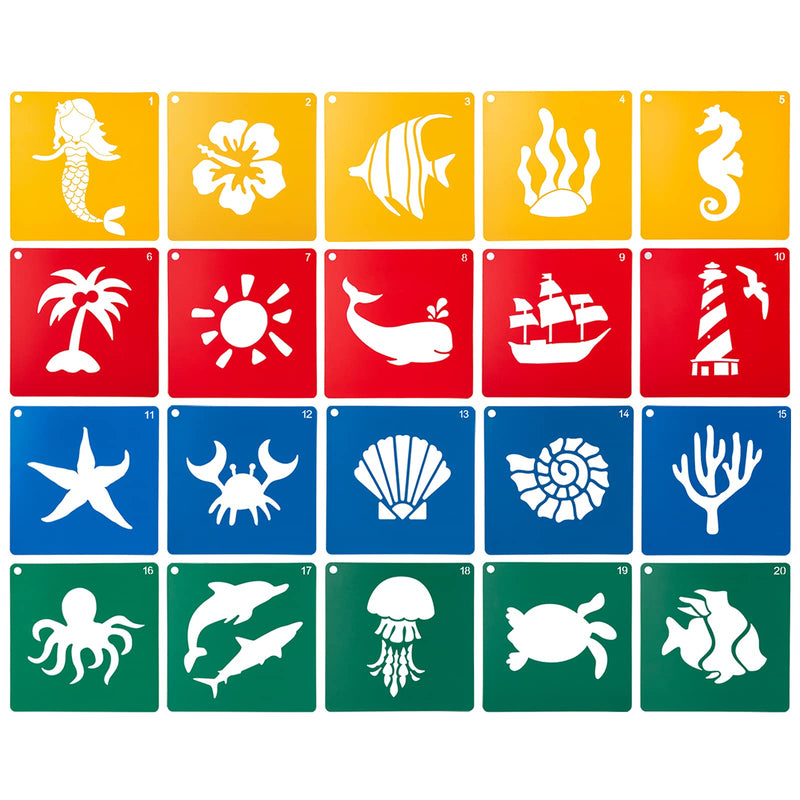 [Australia - AusPower] - 20 PCS Ocean Creatures Stencils for Kids, 8 x 8 Inch ViikiFain Drawing Stencils for Painting on Wood Colorful Sidewalk Chalk Stencils with 4 Pcs Stickers for Kids, Reusable DIY Art and Craft Stencils #2 