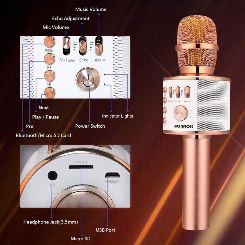 [Australia - AusPower] - BONAOK Wireless Bluetooth Karaoke Microphone, 3-in-1 Portable Handheld Mic Speaker Machine for All Smartphones, Gift for Girls Boys Kids Adults All Age Q37(Rose Gold) Rose Gold 
