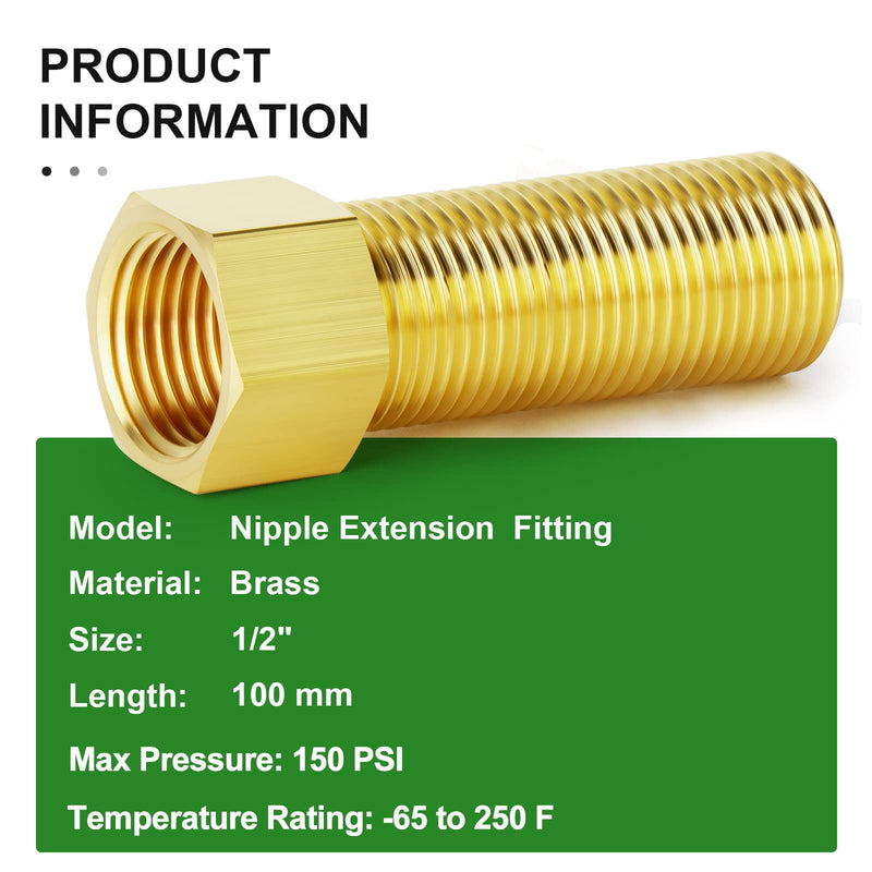 [Australia - AusPower] - TAISHER 2PCS Brass Pipe Fitting, Extension Hex Adapter, 1/2" Male Pipe x 1/2" Female Pipe, Length 100 mm/3.94 Inch 100mm Length 2 