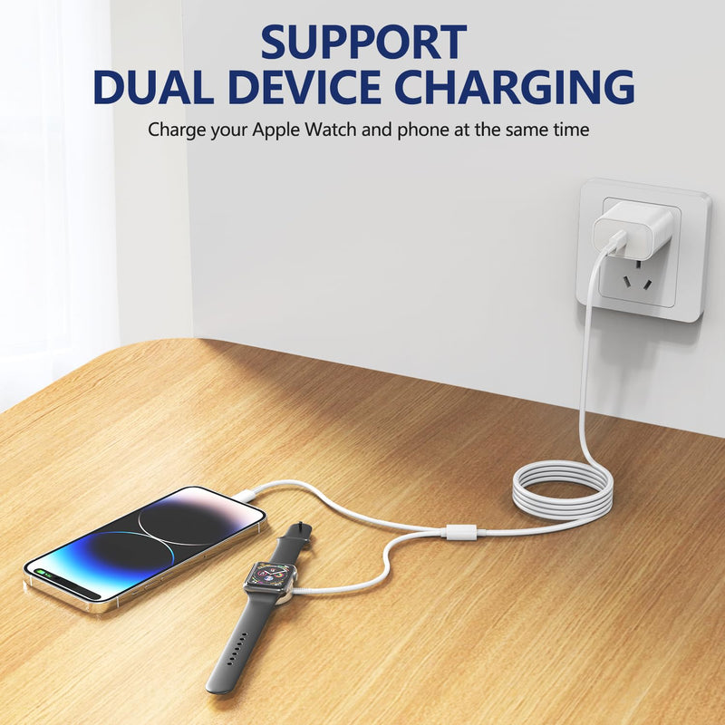 [Australia - AusPower] - USB C Watch Charger, 2-in-1 Magnetic Fast Charging Cable for iPhone and iWatch 6ft and C Wall Outlet for Apple Watch Series SE/8/7/6/5/4/3/2/1 and iPhone 14/13-Black-White White-2in1 