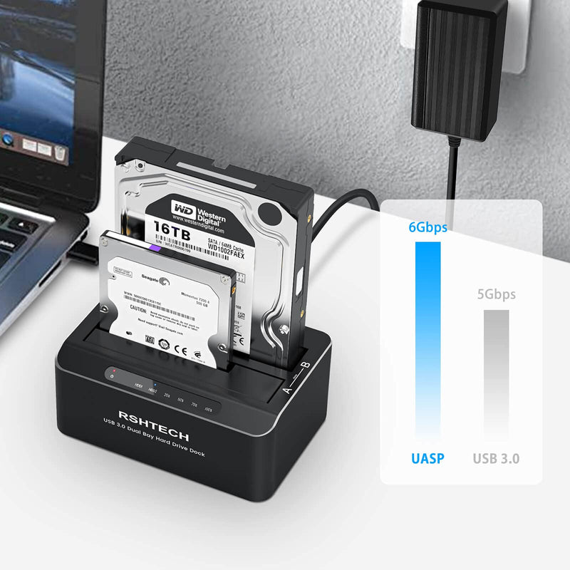 [Australia - AusPower] - Hard Drive Dock, RSHTECH Aluminum USB 3.0 to SATA Dual Bay External Hard Drive Docking Station for 2.5 & 3.5 inch SATA HDD SSD with Offline Clone/Duplicator Function, Support UASP & 2x16TB (RSH-DS01) SATA Dual-Bay Hard Drive Dock 