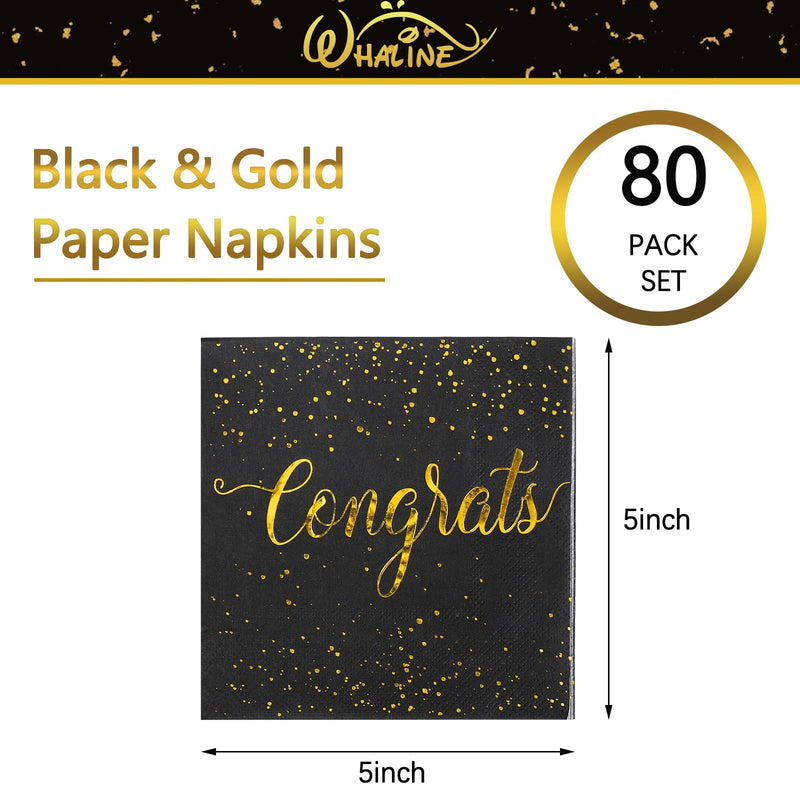 [Australia - AusPower] - Whaline 80 Pack Congratulations Paper Napkins 5 x 5 Inch Gold Foil Congrats Cocktail Napkins Black Graduation Party Disposable Beverage Napkins for Engagement Graduation Baby Shower Celebration Party 