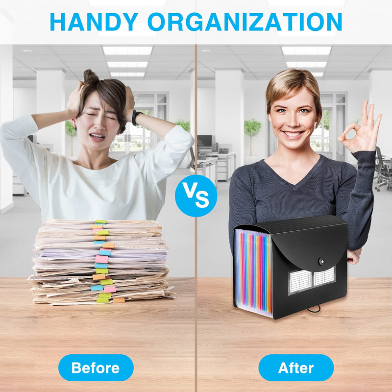 [Australia - AusPower] - Sooez 24 Pockets Expanding File Folder with Blank Labels, According File Organizer with Expandable Cover, Desktop Accordion Folders Letter A4 Paper Document Storage Organizer, Black 