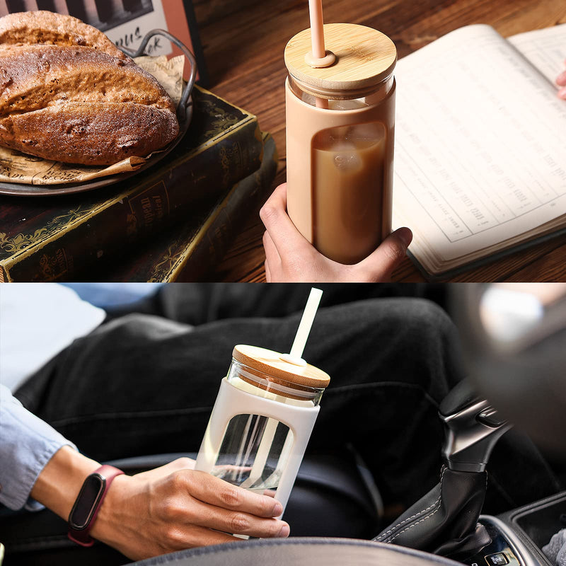 [Australia - AusPower] - Kodrine 20oz Glass Water Tumble with Straw and Lid,Bamboo Lids Water Bottle, Iced Coffee Cup Reusable, Wide Mouth Smoothie Cups, Straw Silicone Protective Sleeve BPA FREE-Amber 20oz-Amber 1 Count (Pack of 1) 
