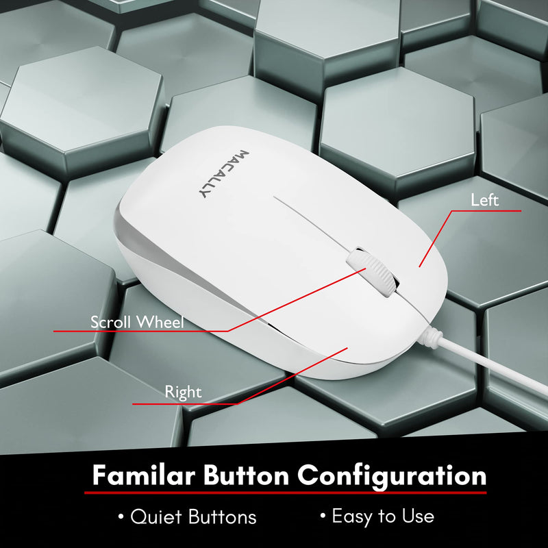 [Australia - AusPower] - Macally USB Wired Mouse for Mac and Windows - Simple 3 Button Computer Mouse Wired, Scroll Wheel Layout with 5ft Cord - Simple Plug and Play USB Mouse for Laptop, Desktop, Notebook - White 