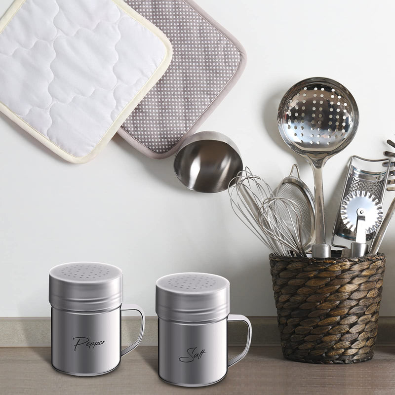 [Australia - AusPower] - 2 Pieces 13.5 OZ Stainless Steel Dredge Shaker with Lid and Handle Salt and Pepper Shakers Seasoning Pepper Shaker Spice Condiment Shaker for Cooking Kitchen Baking Salt Candy 