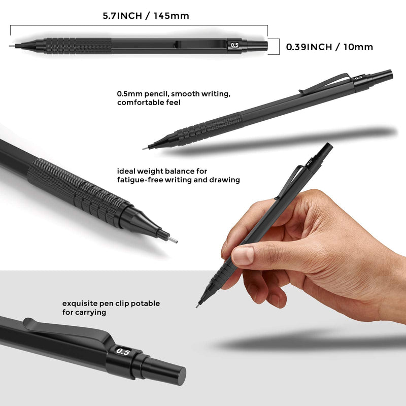 [Australia - AusPower] - Nicpro 0.5 mm Mechanical Pencils Set with Case, 3 Metal Artist Pencil With 6 Tubes HB Lead Refills, 3 Erasers, Eraser Refills For Architect Art Writing Drafting, Drawing, Engineering, Sketching, Black 