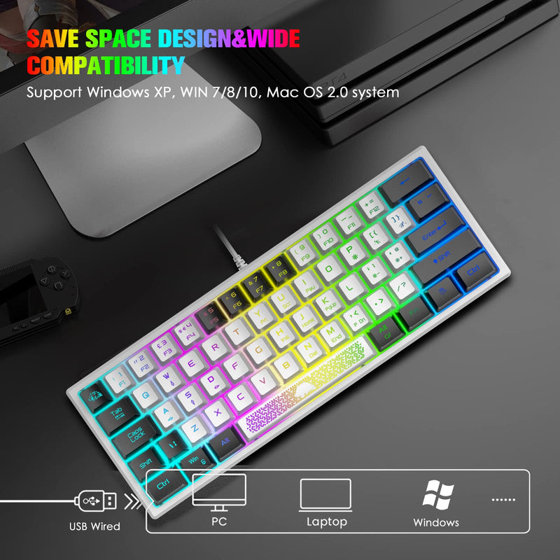 [Australia - AusPower] - ZIYOU LANG K61 60% Gaming Keyboard Mini Portable with Rainbow RGB Backlit Compact Ergonomic 62Key Layout Anti-ghosting Mechanical Waterproof Wired for PC Mac Windows Gamer Laptop Typists(White+Black) White+Black 