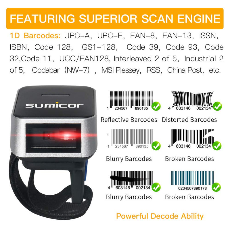[Australia - AusPower] - Sumicor 1D Wireless Bluetooth Ring Finger Barcode Scanner,Portable Wearable Mini Bar Code Reader Versatile 3-in-1 Work with Widows iOS Android Linux Mac OS,Support scan 1D Codes on Screen - Black 
