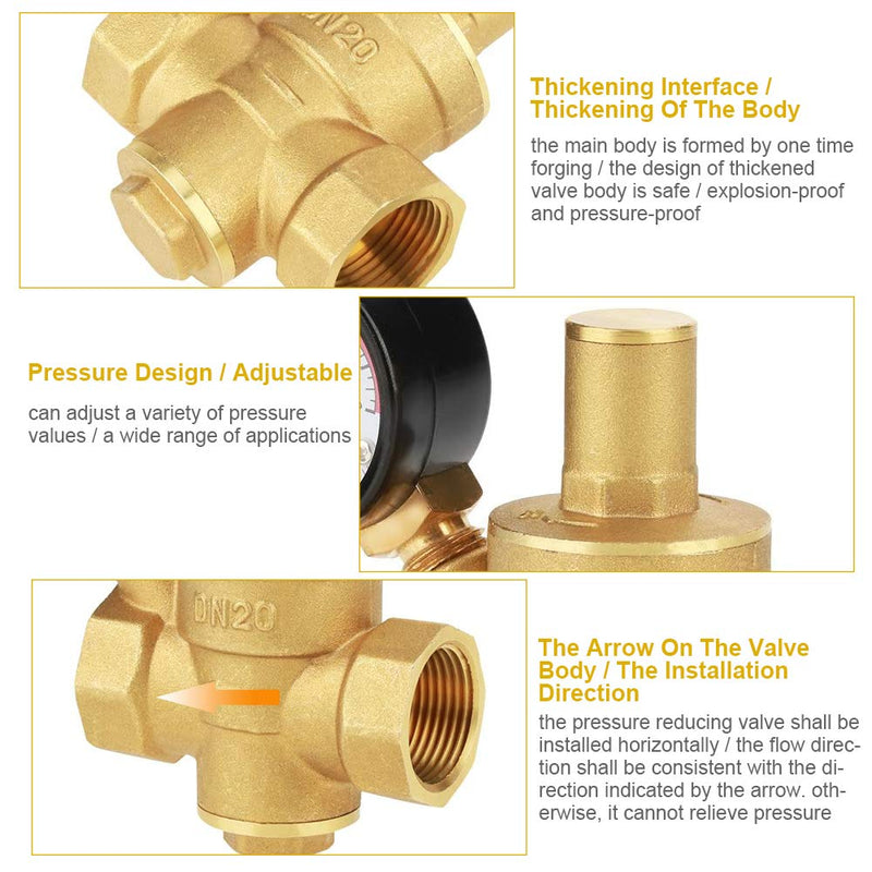 [Australia - AusPower] - Water Pressure Regulating Valve, DN20 G3/4inch Brass Water Pressure Reducing Valve 3/4 Adjustable Pressure Reducing Valve 1/2 Inch Thread Water Pressure Regulator with Gauge Meter 1.6MPa 