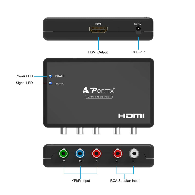 [Australia - AusPower] - Component to HDMI Converter with HDMI Cable, PORTTA RGB to HDMI Adapter, 5 RCA YPbPr to HDMI Video Converter, Support 1080p 60Hz for PS2 PS3 Xbox 360 DVD Wii HDTV Monitor Projector 