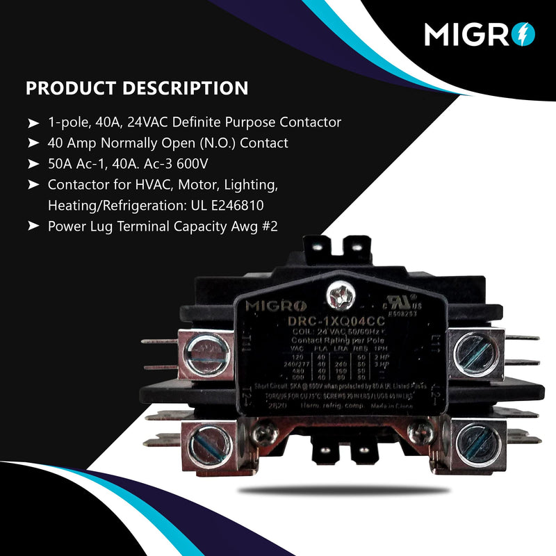 [Australia - AusPower] - Migro 1 Pole 40 AMP Heavy Duty AC Contactor Replaces Virtually All Residential 1 Pole Models C140A Equivalent (5- Year Warranty Upgraded Increased Silver Alloy Content up to 27% (AgCdO12)) 