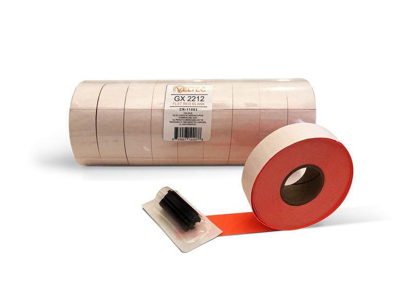 [Australia - AusPower] - Veltec 2212 Fluorescent Red Pricing Labels for Garvey and Contact 22-6, 22-7, 22-8 Price Gun/Labelers, Free Ink Roller – 9 Rolls, 11,000 Labels with Security Slits 