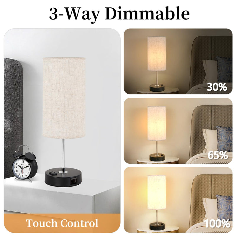 [Australia - AusPower] - Gugsey Bedside Table Lamp with USB Port - Touch Desk Lamp for Bedroom, 3 Way Dimmable Small Nightstand Lamp for Living Room, Dorm, Home Office (Bulb Included) (Linen) Black 