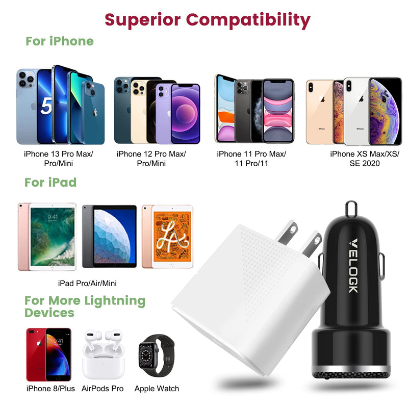 [Australia - AusPower] - iPhone 13 12 Fast Charger Kit, VELOGK 20W USB C PD Wall/Car Charger Adapter for iPhone 13/12/Pro/Max/Mini/11/Xs Max/XR/X, iPad Pro/Air/Mini, with 2X【Apple MFi Certified】iPhone Lightning Cables(3.3ft) 3.3ft 