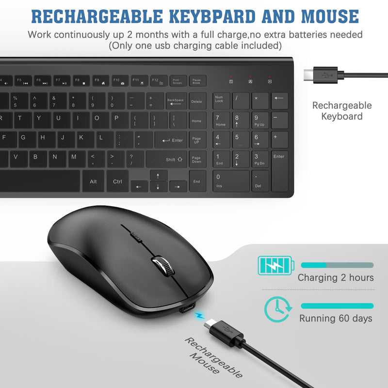 [Australia - AusPower] - Rechargeable Wireless Keyboard and Mouse Combo- J JOYACCESS 2.4G Compact Quiet Slim Wireless Keyboard Mouse Combo for Laptop,PC,Desktop,Computer,Windows- Black Pure Black 