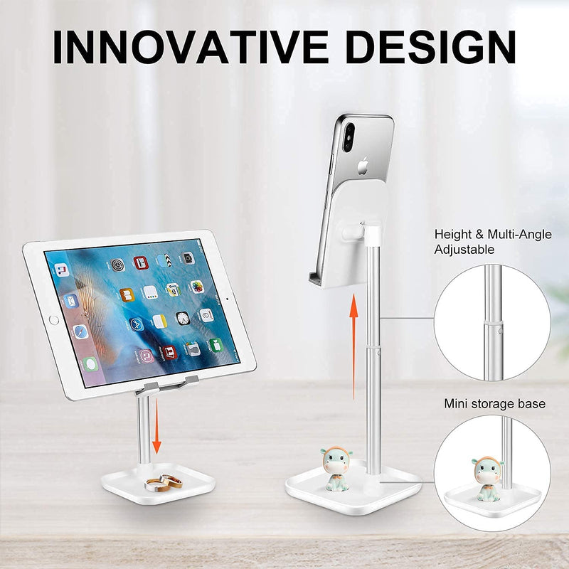[Australia - AusPower] - Cell Phone Stand,Height Angle Adjustable Desk iPhone Tall Stand,Hearsky Thick Case Friendly Phone Stand,Smartphone Holder Stand with Storage Base,Compatible All Mobile Phones,Switch,iPad,Tablet-White Upright White 