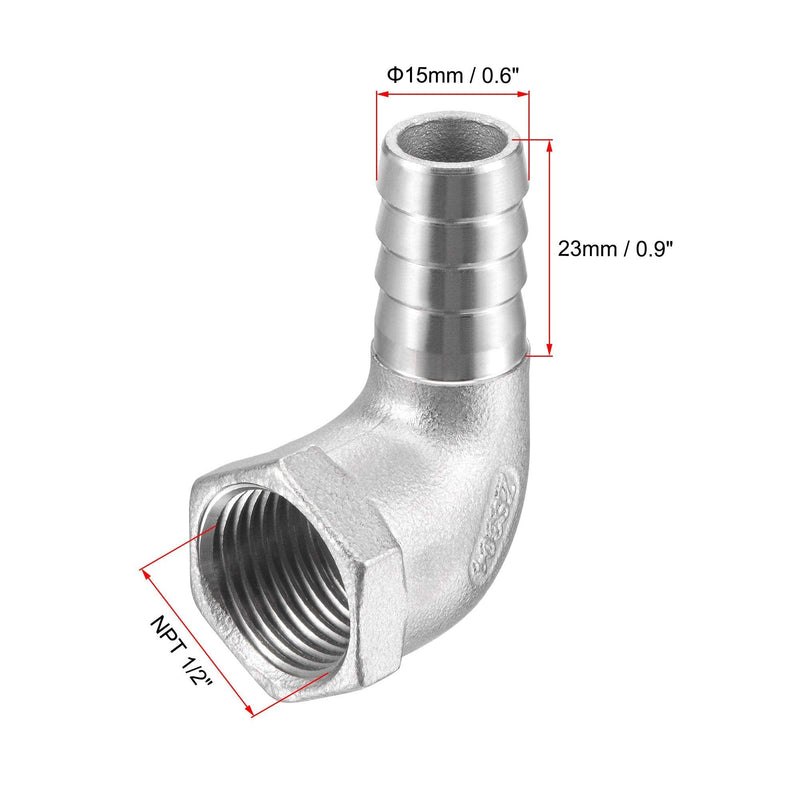 [Australia - AusPower] - uxcell 304 Stainless Steel Hose Barb Fitting Elbow, 15mm Barbed x 1/2" NPT Female Pipe Connector Adapter for Water Fuel Air, Pack of 2 