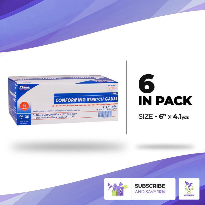 [Australia - AusPower] - AMZ Medical Supply Conforming Stretch Gauze 6 inch x 4.1 Yards. Pack of 6 Conforming Bandages. Rayon/Poly Knitted Stretch Gauze. Sterile Bandages. Comfortable and Gentle Pressure. Latex-Free. 