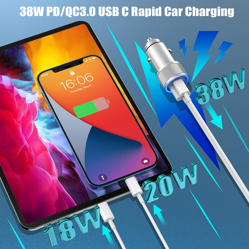 [Australia - AusPower] - [Apple MFi Certified] iPhone Fast Car Charger, Veetone 38W Dual Port USB C Power Delivery All Metal Car Adapter with 2 Pack Lightning Cable, PD/QC 3.0 Type C Rapid Car Charging for iPhone/iPad/Airpods Silver 