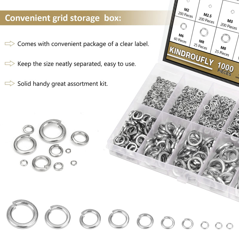 [Australia - AusPower] - 1000 Pieces 304 Stainless Steel Lock Washers, Split Lock Washers, Kindroufly 9 Sizes Spring Lock Washers, Lock Metal Washers Assortment Kit (M2 M2.5 M3 M4 M5 M6 M8 M10 M12) Silver 